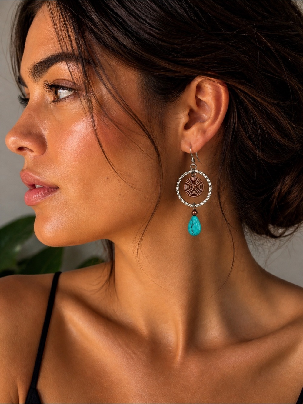 Handmade Mixed Metal Hoop Dangle Earrings with Turquoise Teardrops and Copper Sp